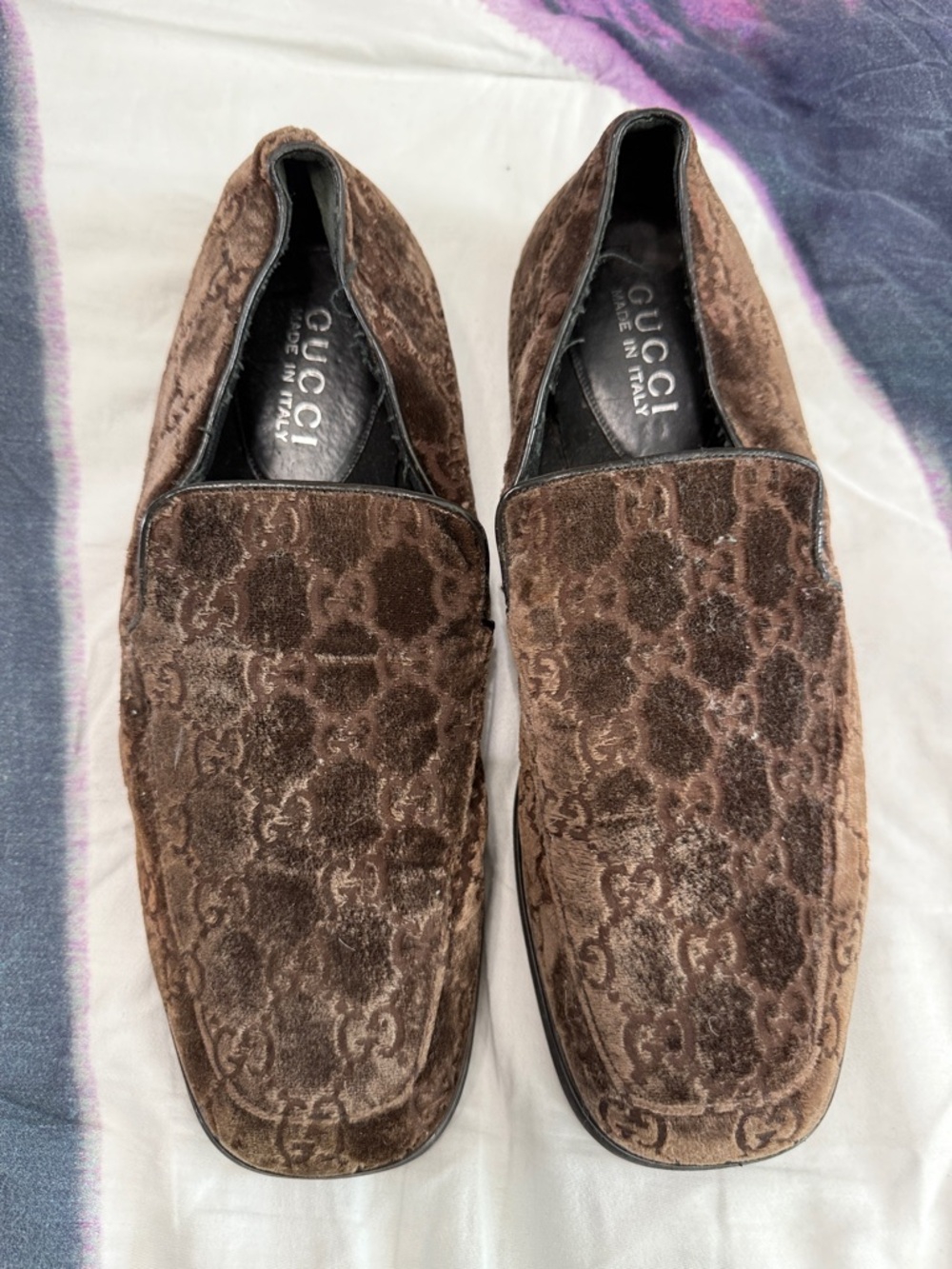 Gucci women’s Brown Velvet GG-Pattern Slip-On Loafers